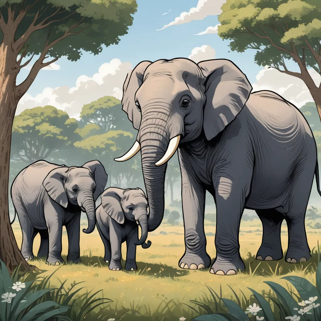 a family of elephants walking through a forest with trees and grass in the background, with a sky background, sumatraism, a storybook illustration, Chris LaBrooy, storybook illustration