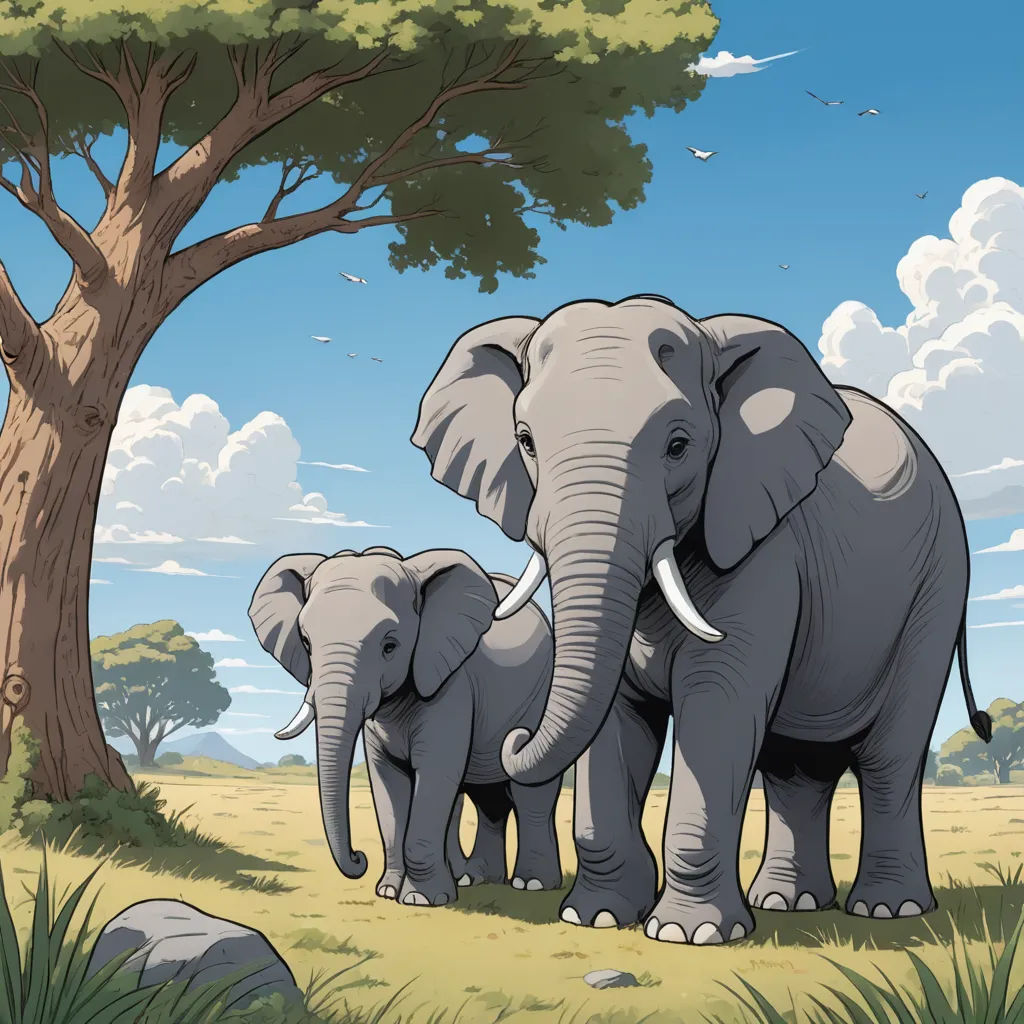 a family of elephants standing in the grass under a tree in a cartoon style, with a sky background, sumatraism, a storybook illustration, Chris LaBrooy, detailed illustration