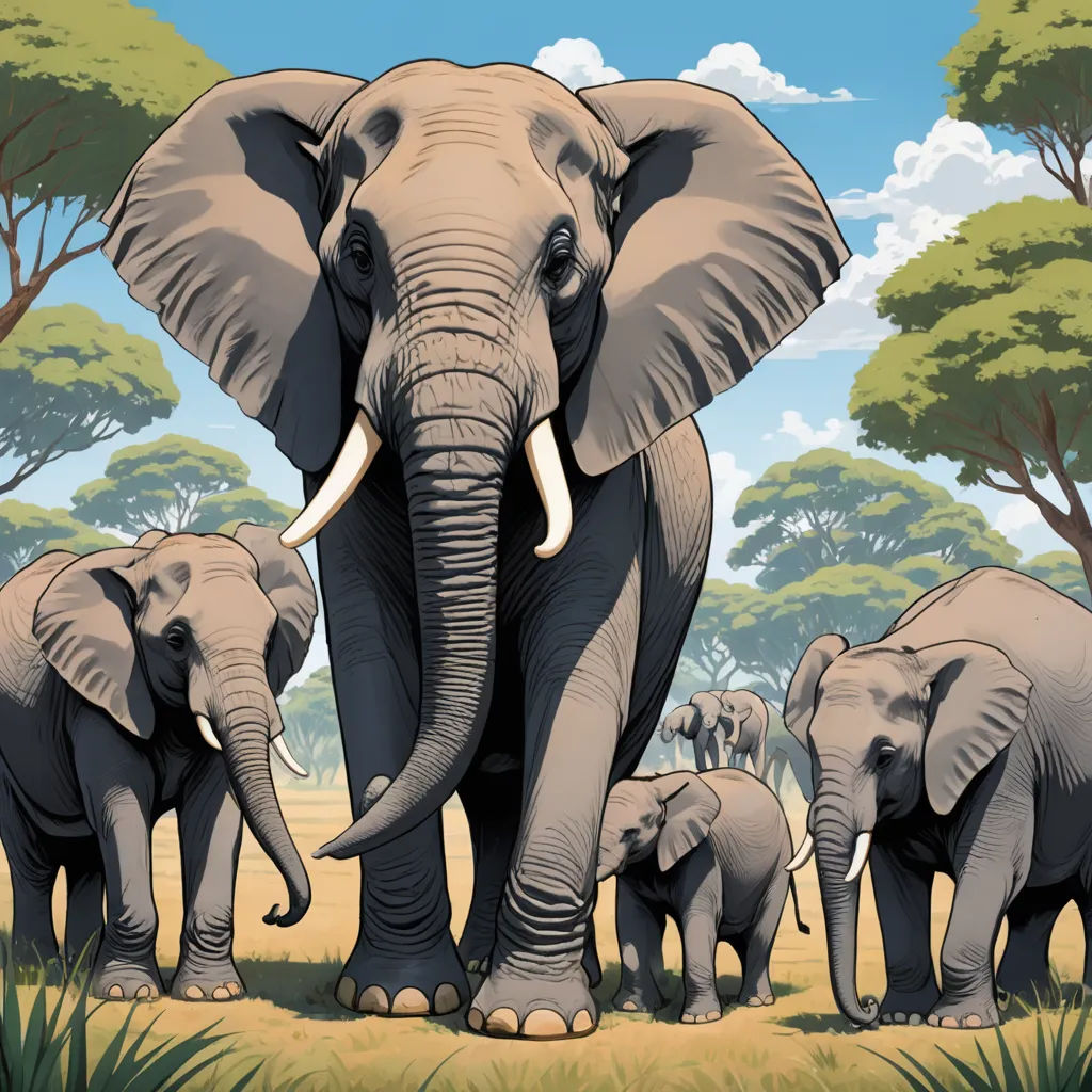 a group of elephants standing in a field with trees in the background and a sky with clouds in the background, sumatraism, a storybook illustration, Amédée Ozenfant, detailed illustration