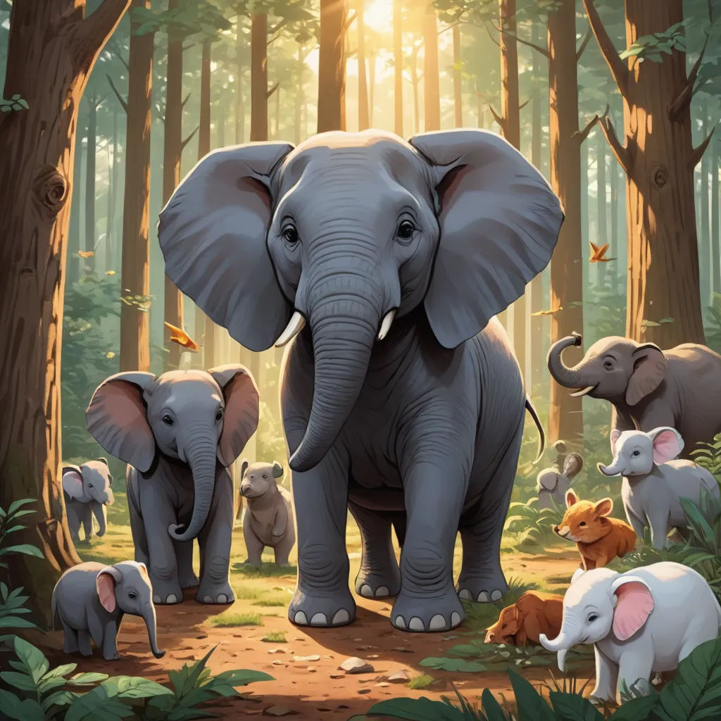 a painting of a group of elephants in a forest with a baby elephant in the foreground and a larger elephant in the background, sumatraism, a storybook illustration, Chris LaBrooy, official art