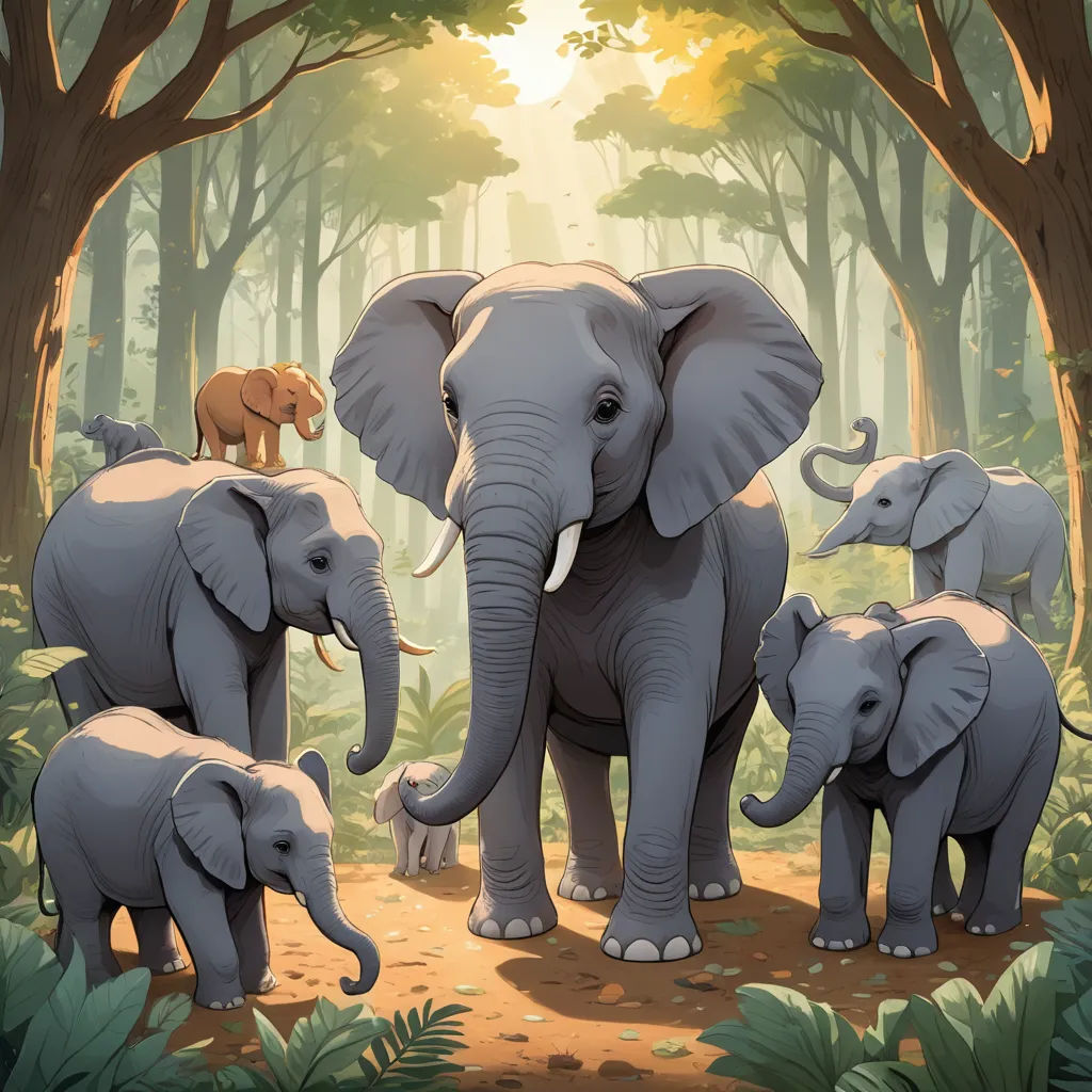 a group of elephants walking through a forest filled with trees and bushes, with a baby elephant standing between them, sumatraism, a storybook illustration, Chris LaBrooy, official art