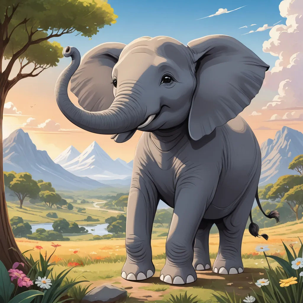 a cartoon elephant standing in a field with mountains in the background and a river running through it's center, american scene painting, a storybook illustration, Chris LaBrooy, promotional image