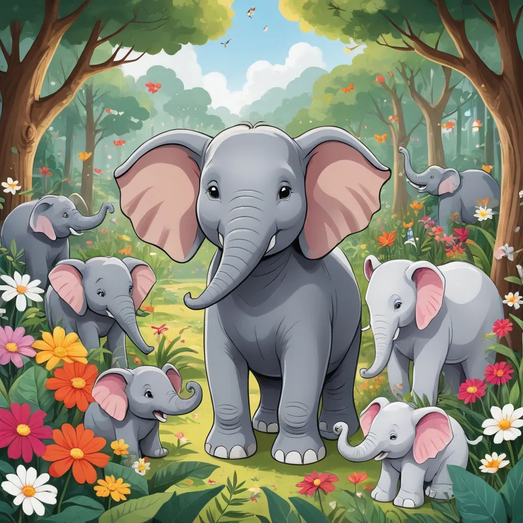 a group of elephants in a forest with flowers and trees in the background, with a baby elephant standing between them, sumatraism, a storybook illustration, Amédée Ozenfant, storybook illustration