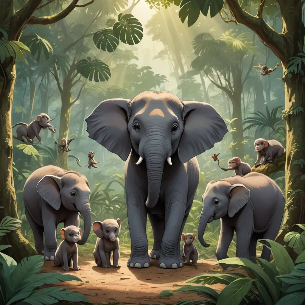a group of elephants in a jungle with a baby elephant in the foreground and a group of smaller elephants in the background, sumatraism, a storybook illustration, Chris LaBrooy, promotional image