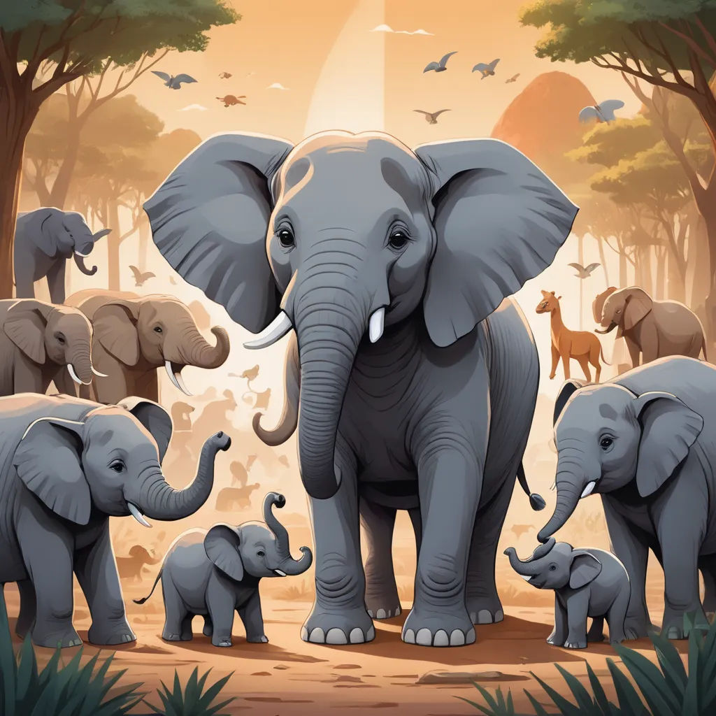 a herd of elephants walking across a forest filled with trees and animals in the background of a sunset sky, sumatraism, a storybook illustration, Chris LaBrooy, detailed illustration