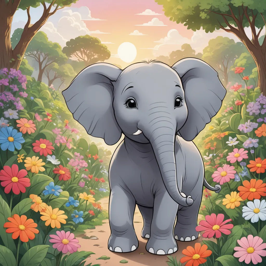 a cartoon elephant standing in a flowery forest with trees and flowers around it, with the sun in the background, pop surrealism, a storybook illustration, Amédée Ozenfant, league of legends splash art