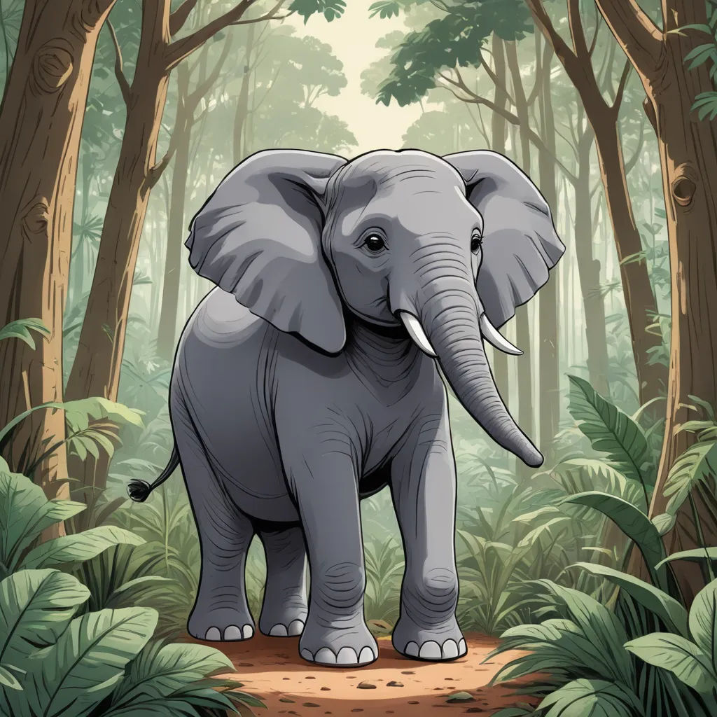 an elephant standing in the middle of a forest with trees and plants around it, with a path leading to the elephant, sumatraism, a storybook illustration, Amédée Ozenfant, jungle
