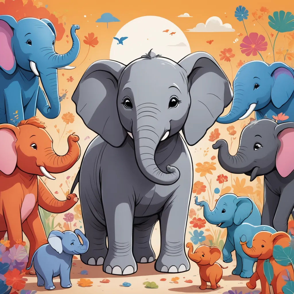a group of elephants standing in a field of flowers and trees with a full moon in the background and a full moon in the sky, sumatraism, a storybook illustration, Amédée Ozenfant, detailed illustration