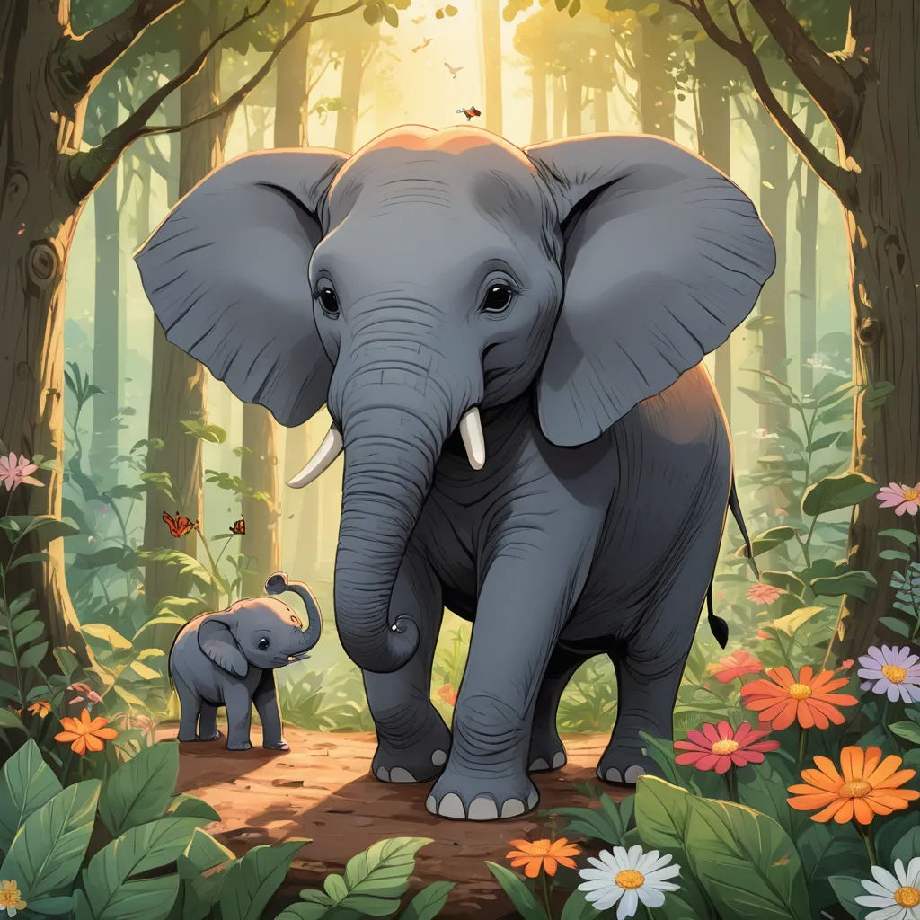 a baby elephant standing next to an adult elephant in a forest with flowers and trees in the background,, altermodern, a storybook illustration, Chris LaBrooy, official art