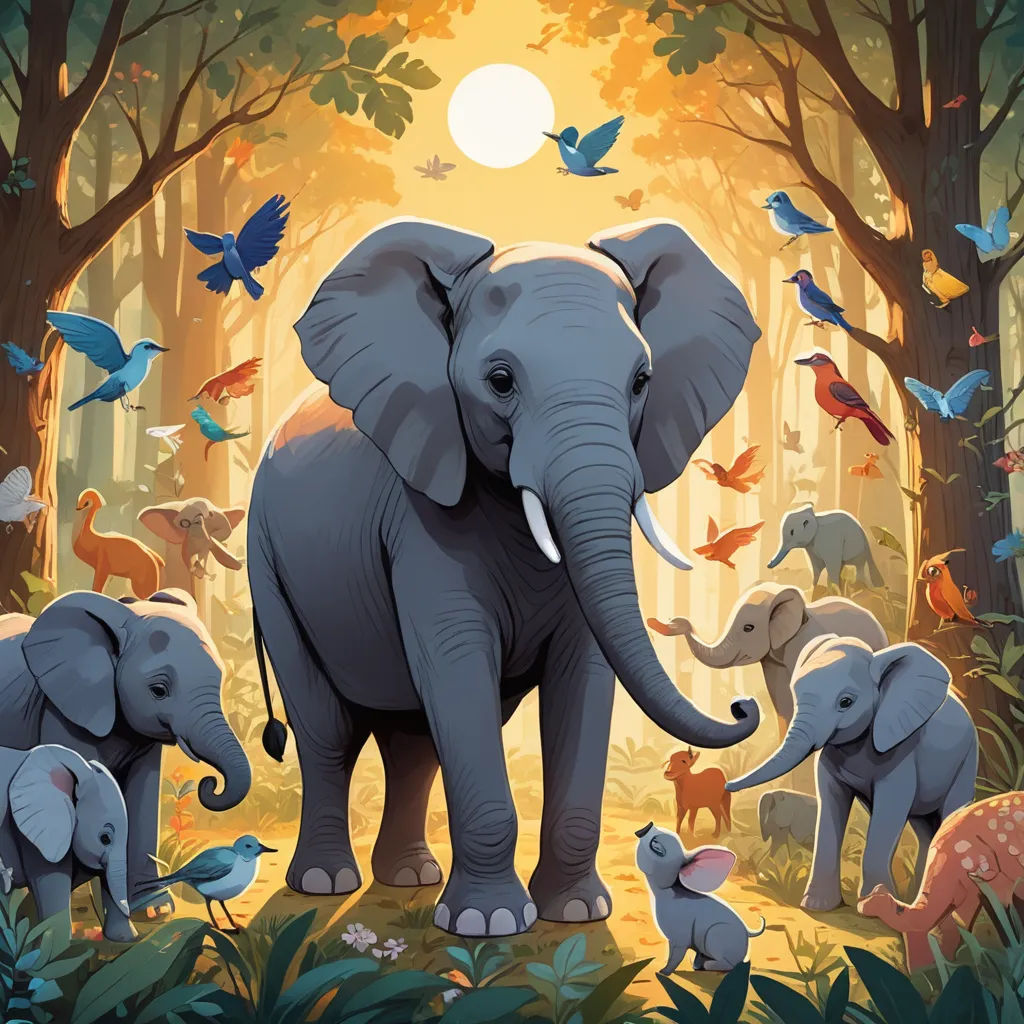 a painting of an elephant surrounded by other animals in a forest with a sun in the background and birds flying around, sumatraism, a storybook illustration, Chris LaBrooy, official art