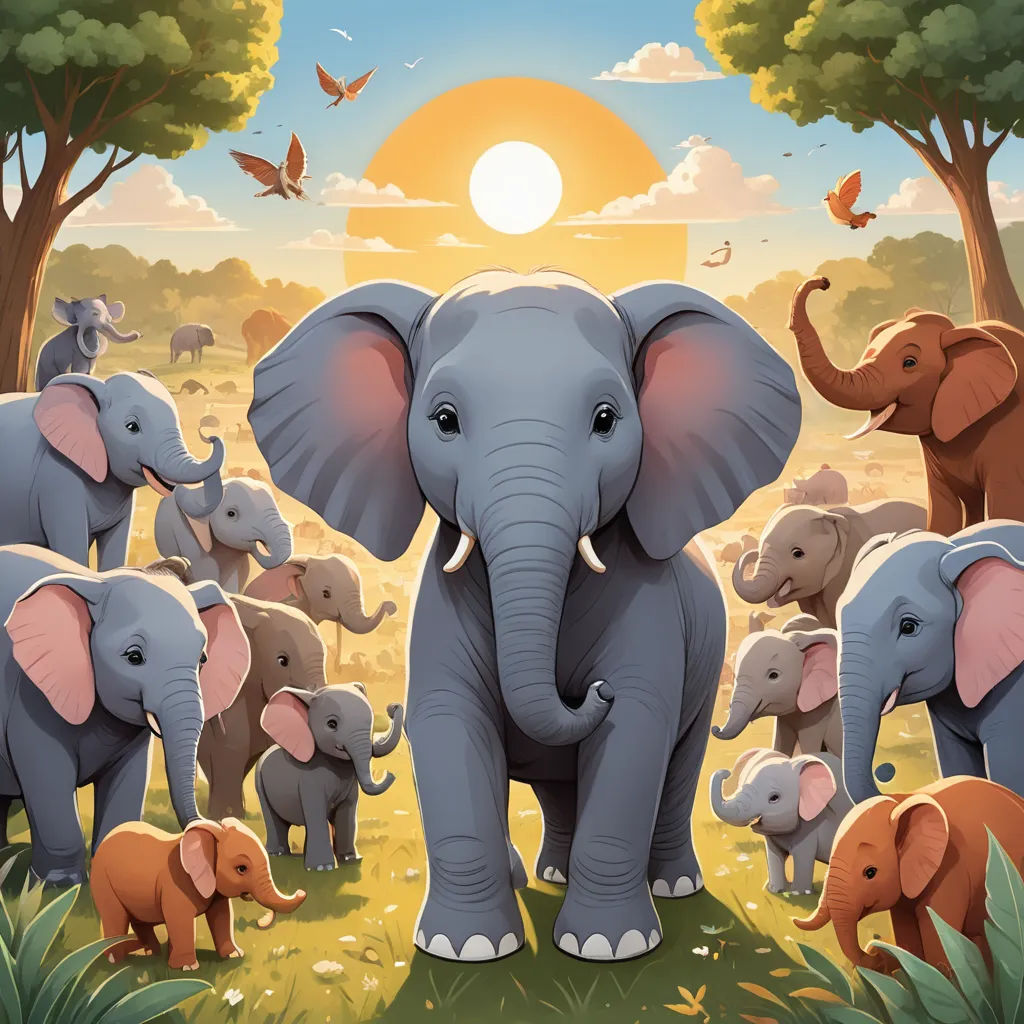 a group of elephants standing in a field with trees and butterflies in the background, with a sun setting behind them, sumatraism, a storybook illustration, Chris LaBrooy, official art