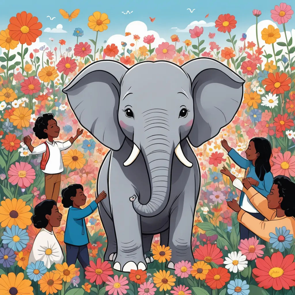 a painting of a elephant surrounded by people in a field of flowers and daisies with a sky background, art & language, a storybook illustration, Ella Guru, comic cover art
