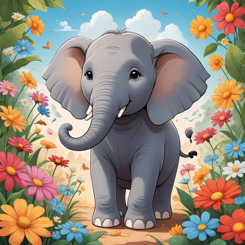 a cartoon elephant standing in a field of flowers and daisies with a sky background and clouds in the background, pop surrealism, a storybook illustration, Chris LaBrooy, highly detailed digital painting