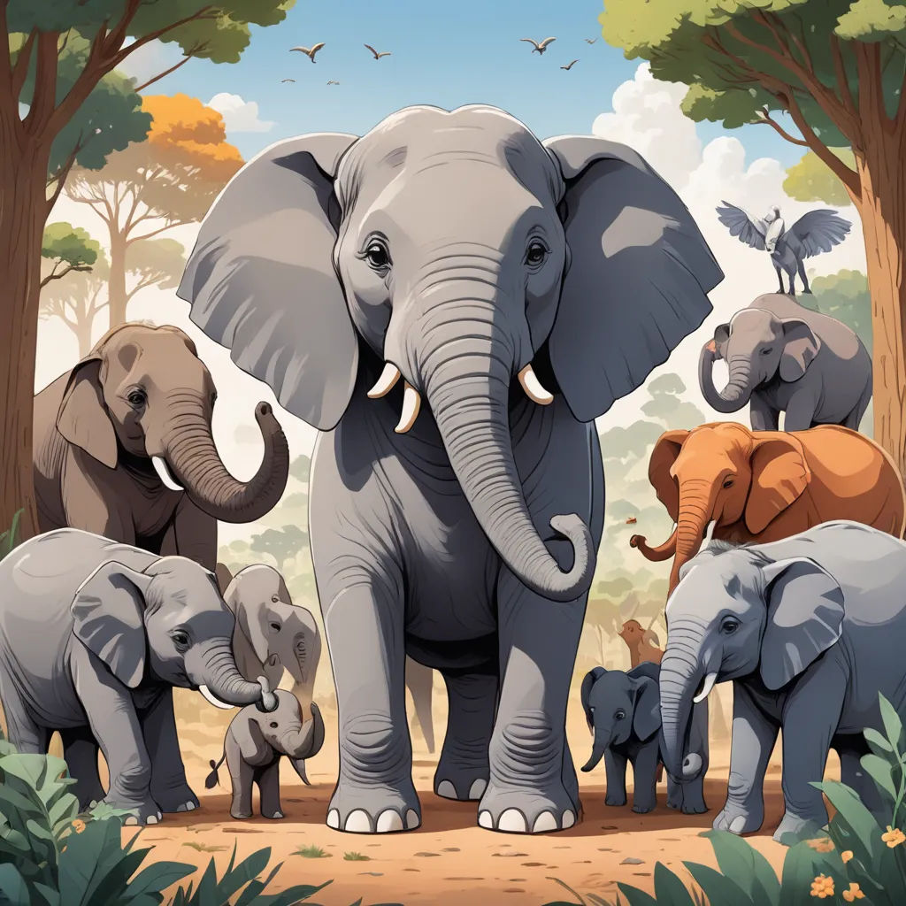 a group of elephants standing in a forest with trees and birds flying around them, with a baby elephant standing between them, sumatraism, a storybook illustration, Chris LaBrooy, detailed illustration