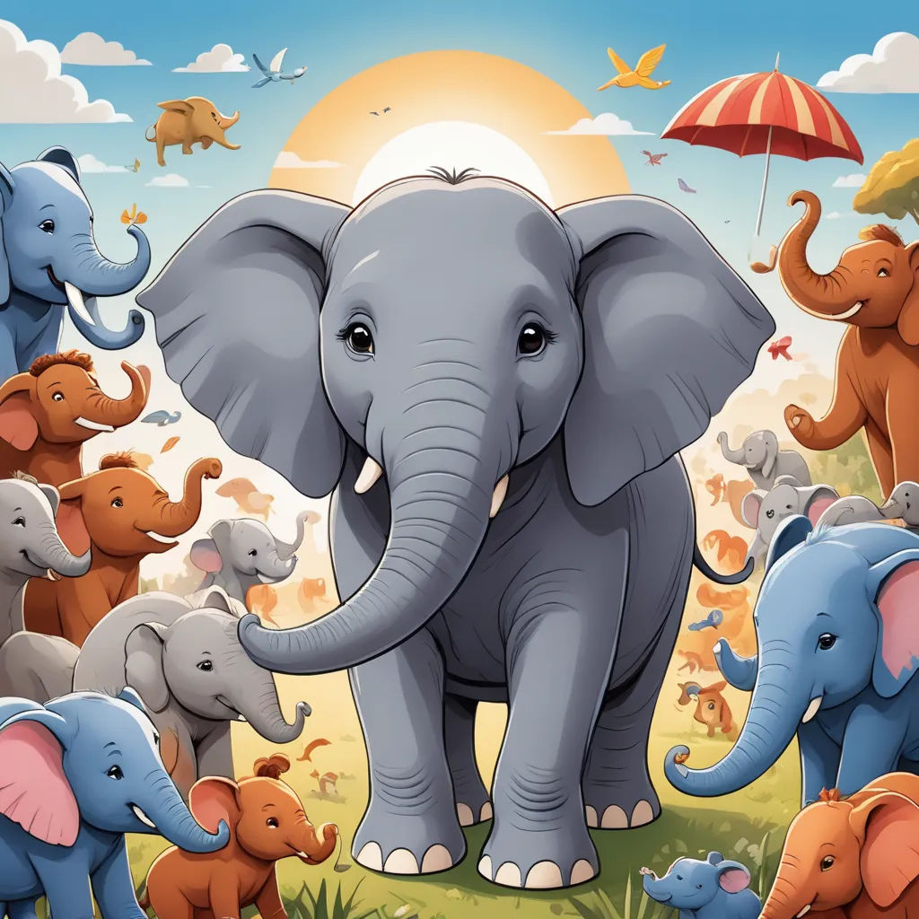 a group of elephants standing in a field with a sun in the background and a sky with clouds and birds, sumatraism, a storybook illustration, Amédée Ozenfant, highly detailed digital painting