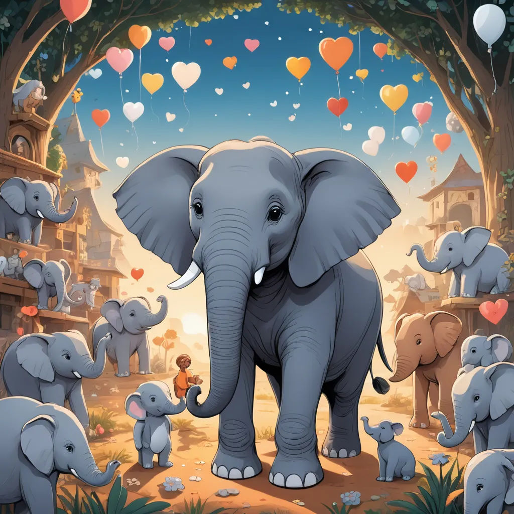 a group of elephants standing in front of a forest filled with balloons and hearts flying above them, with a baby elephant standing in front of them, naive art, a storybook illustration, Chris LaBrooy, storybook illustration
