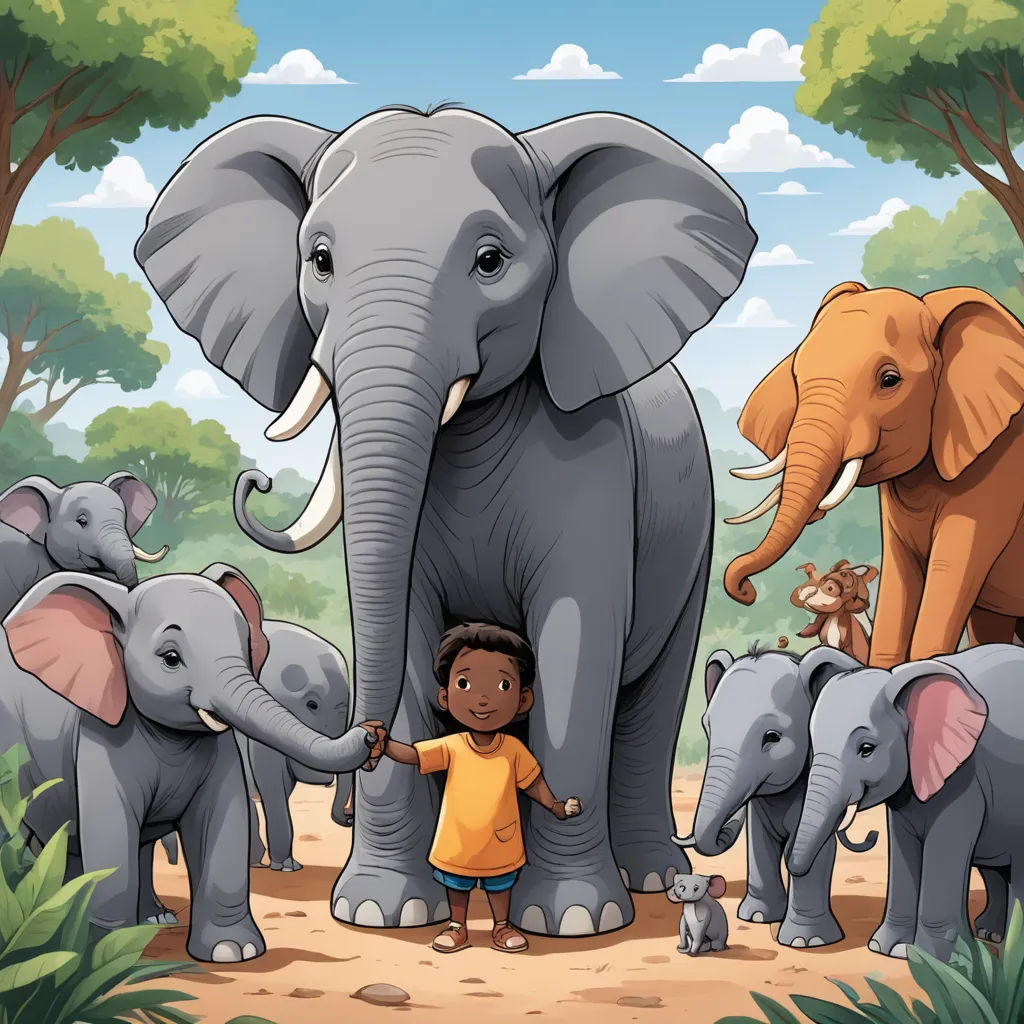 a little boy standing in front of a herd of elephants with a baby elephant in the middle of the picture, sumatraism, a storybook illustration, Amédée Ozenfant, storybook illustration