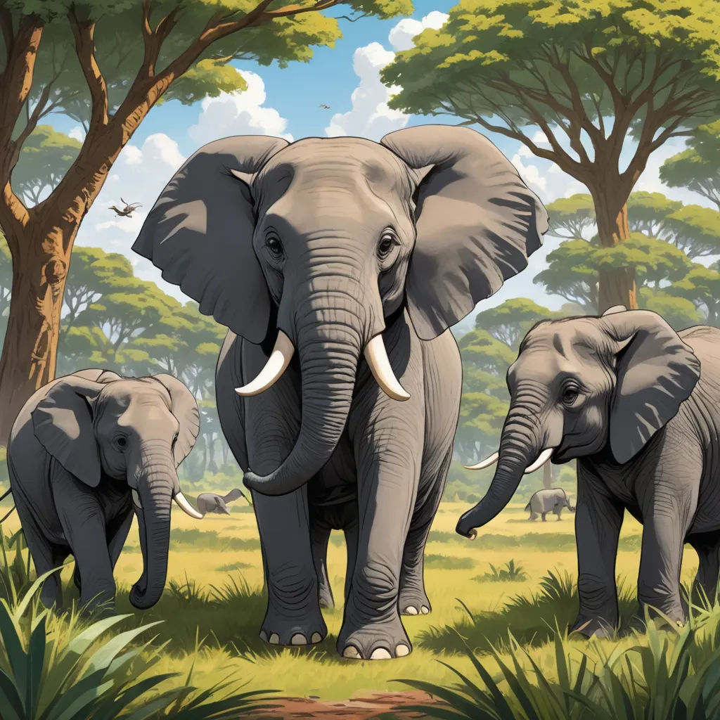 a painting of two elephants and a baby elephant in a field with trees and grass in the background, with a blue sky and white cloud, sumatraism, a storybook illustration, Chris LaBrooy, highly detailed digital painting