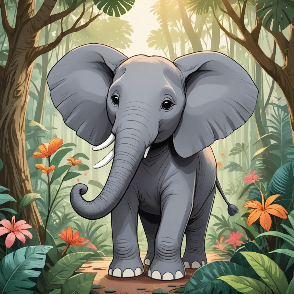 a cartoon elephant in a tropical jungle scene with flowers and trees around it, with a path leading to the elephant, sumatraism, a storybook illustration, Amédée Ozenfant, jungle