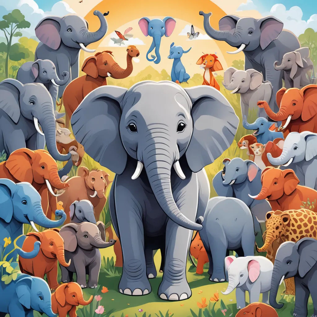 a large group of elephants standing in a field with a sun in the background and a sky background with clouds, sumatraism, a storybook illustration, Amédée Ozenfant, furaffinity