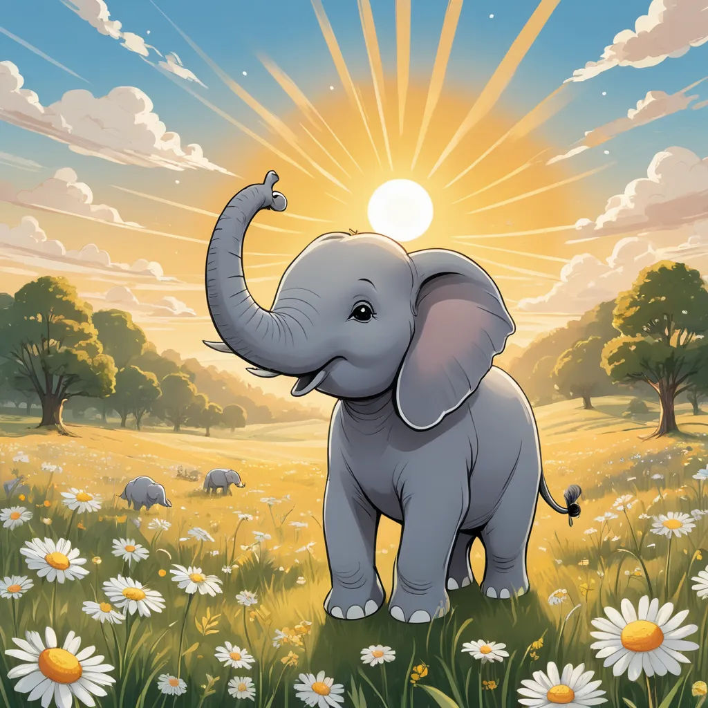 a cartoon elephant standing in a field of daisies with the sun in the background and clouds in the sky, pop surrealism, a storybook illustration, Chris LaBrooy, storybook illustration