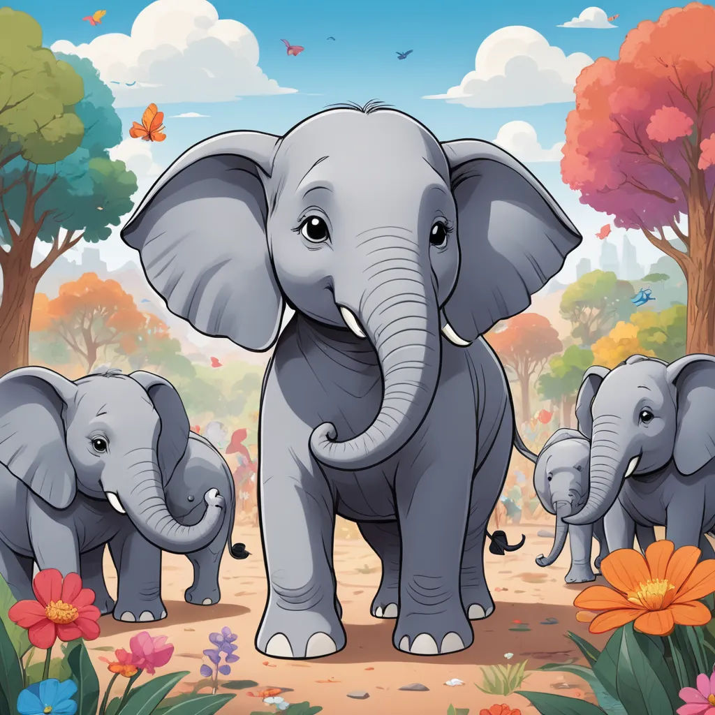a group of elephants walking through a forest with flowers and trees in the background, with a butterfly flying overhead, magical realism, a storybook illustration, Amédée Ozenfant, storybook illustration