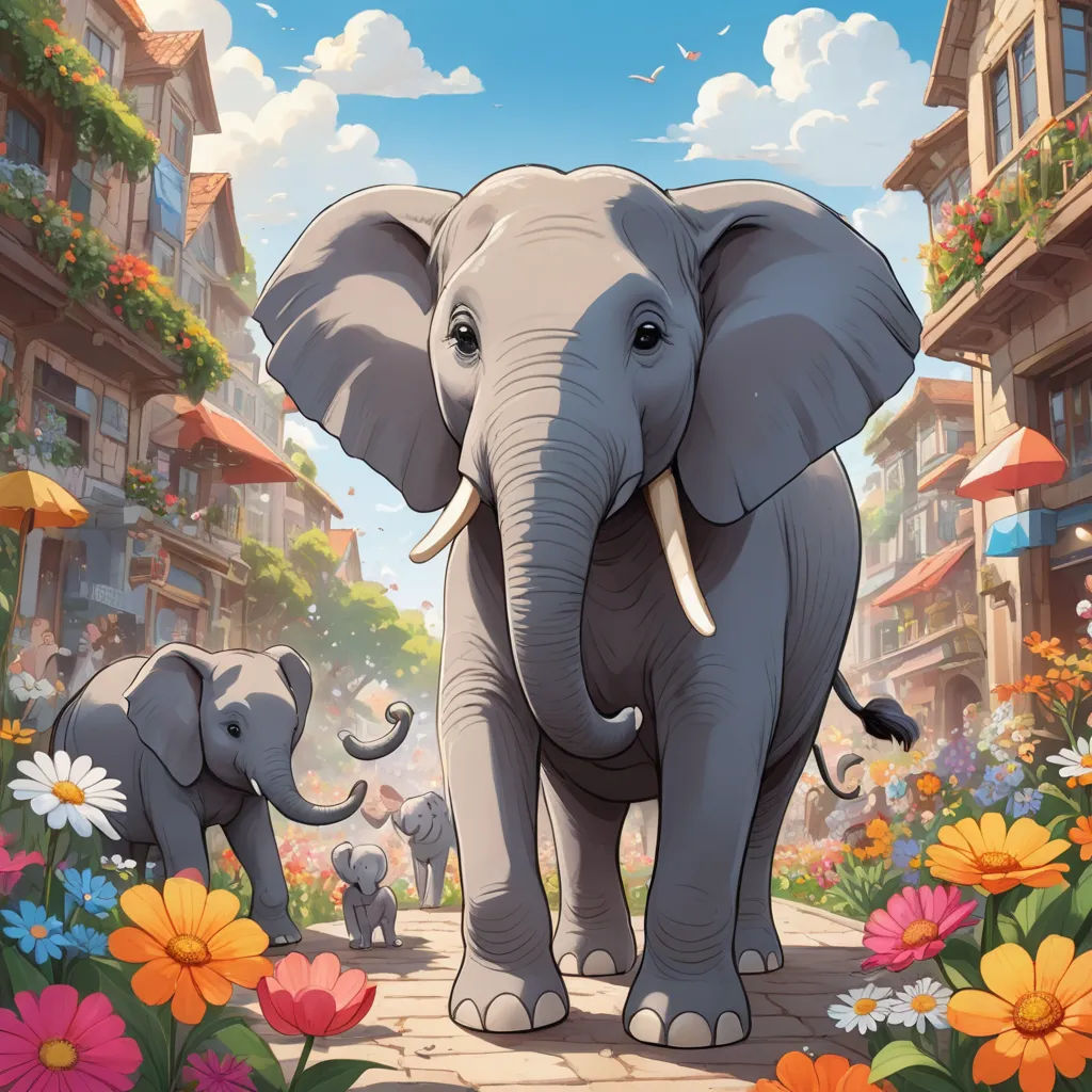 a painting of an elephant and her baby in a flowery town street scene with flowers and buildings in the background, magic realism, a storybook illustration, Chris LaBrooy, official art