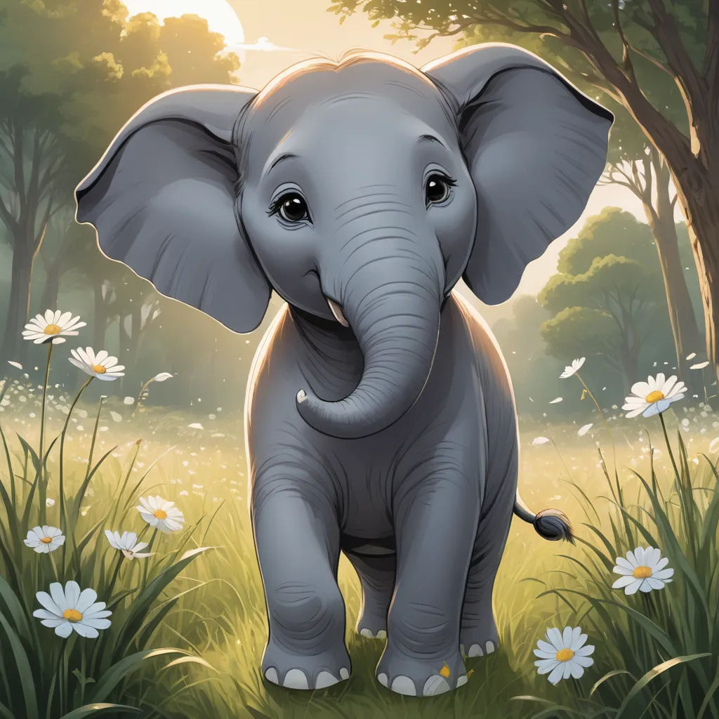 a baby elephant standing in a field of daisies and trees with a sun in the background and a forest with white flowers, sots art, a digital painting, Chris LaBrooy, official art