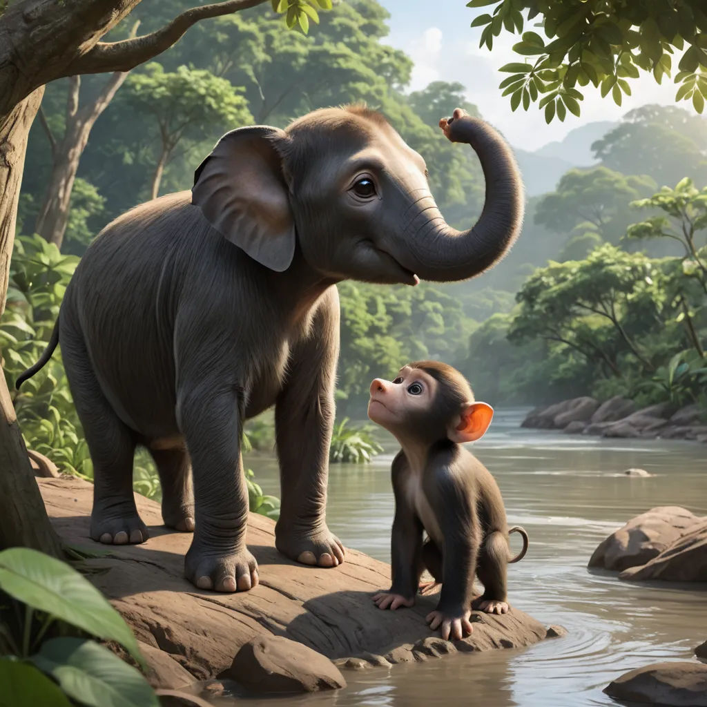 a baby elephant standing next to an adult elephant on a river bank with a tree in the background and a monkey standing on a rock, sumatraism, a detailed matte painting, Ella Guru, promotional image
