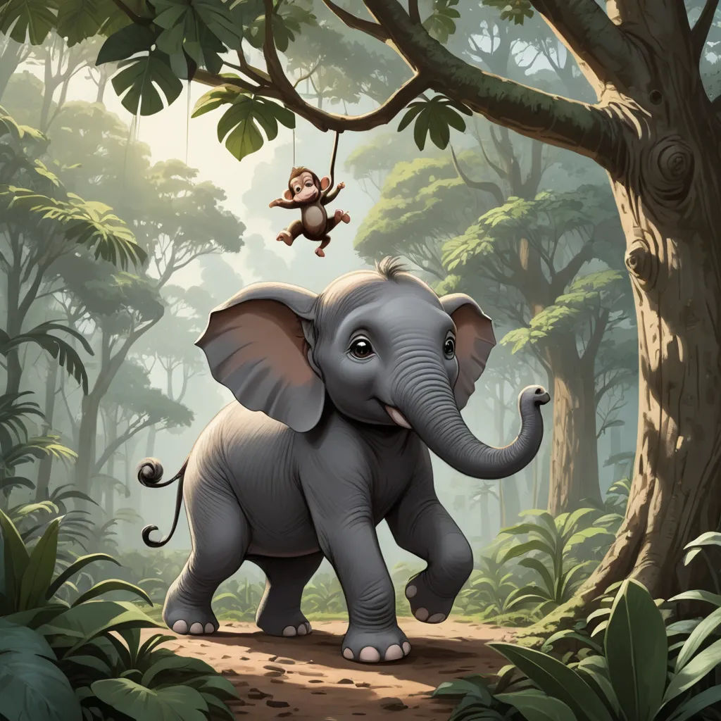 a baby elephant is swinging on a tree with a monkey hanging from it's trunk in the jungle, pop surrealism, a storybook illustration, Chris LaBrooy, storybook illustration