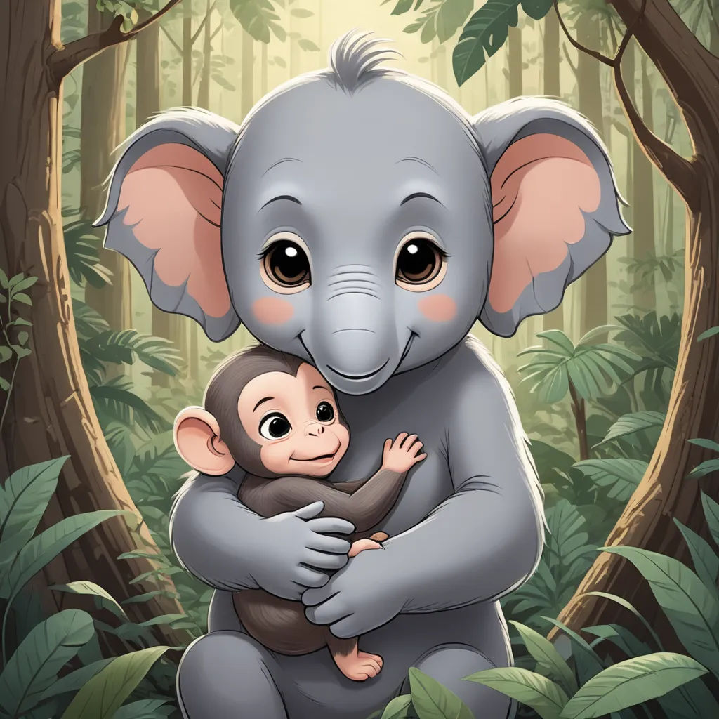 a baby elephant is holding a large elephant in the jungle with a baby elephant on its back and a large elephant on its back, sumatraism, a storybook illustration, Amédée Ozenfant, storybook illustration