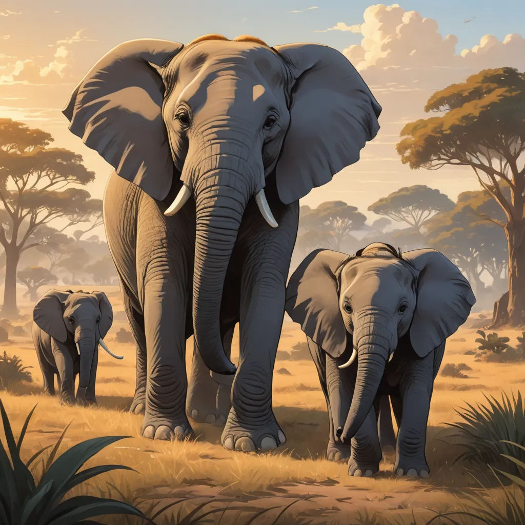 a painting of two elephants walking in the wild together with trees in the background and a sunset in the sky, fantastic realism, a digital painting, Chris LaBrooy, highly detailed digital painting