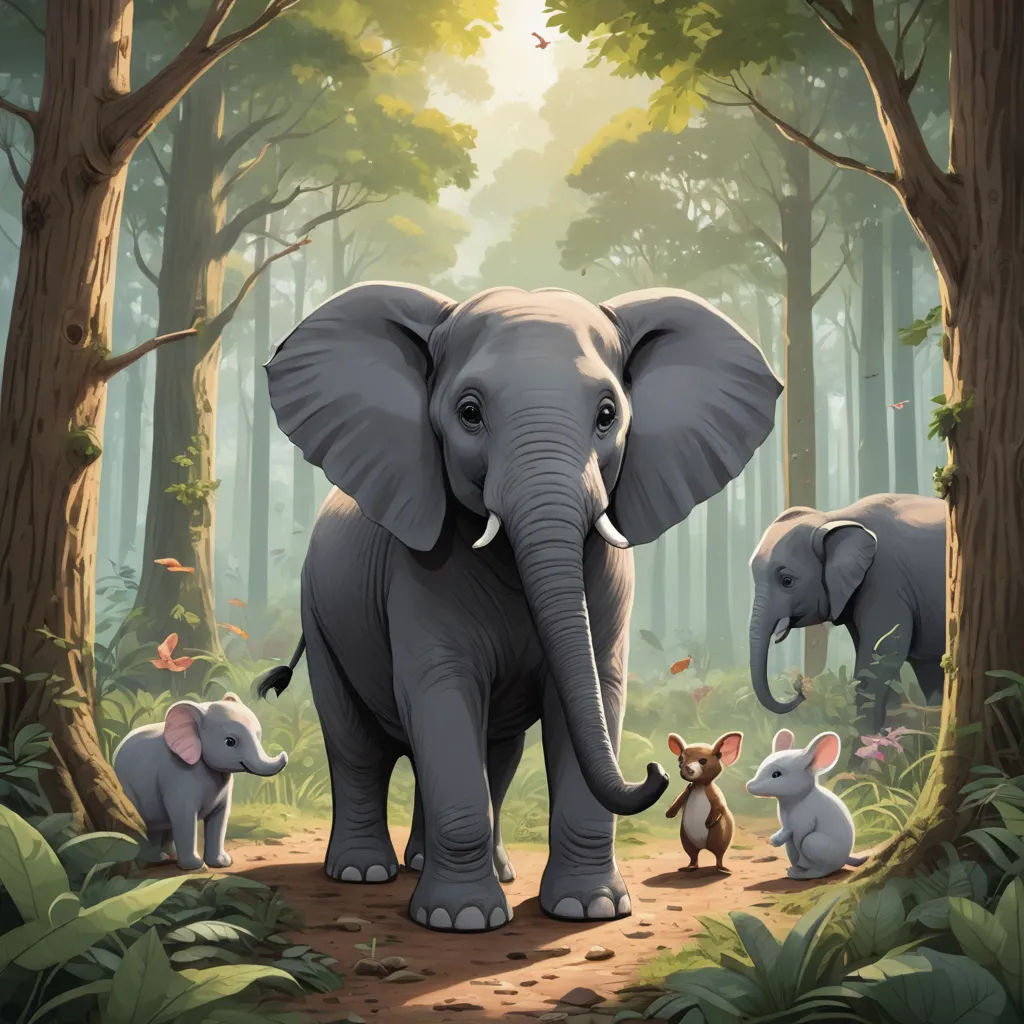 a painting of an elephant and its baby in a forest with other animals around it, with a baby elephant standing in the foreground, sumatraism, a storybook illustration, Chris LaBrooy, promotional image