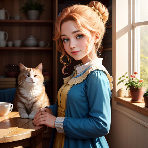 a woman in a blue dress standing next to a cat on a table in a room with a window