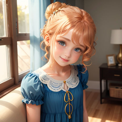 a doll with a blue dress and a gold necklace on a couch in a room with a window and a lamp