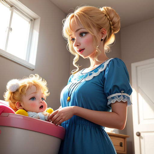 a woman holding a baby in a pink bucket in a room with a window and a dresser with a drawer