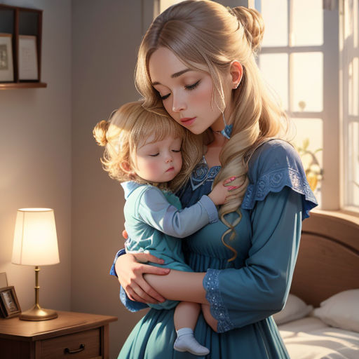 a woman holding a child in her arms in a bedroom with a window behind her and a lamp on the side