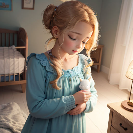 a little girl in a blue dress holding a white teddy bear in her hands and looking down at the ground