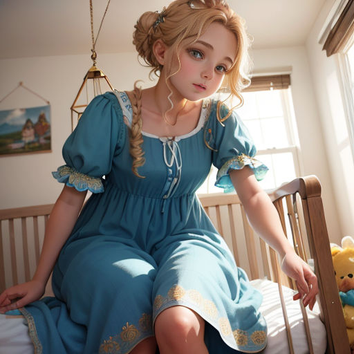 a woman in a blue dress sitting on a bed next to a teddy bear and a window with a teddy bear