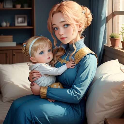 a woman holding a baby in her arms on a bed in a room with a window and a potted plant