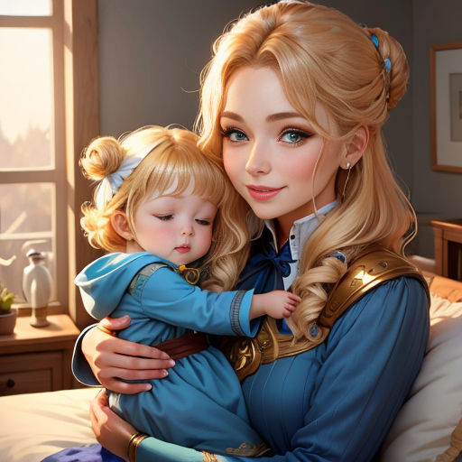 a woman holding a child in her arms on a bed in a bedroom with a window behind her and a picture of a princess