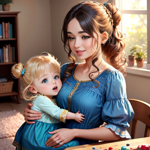 a woman holding a baby in her arms in front of a table with a bookcase and a window