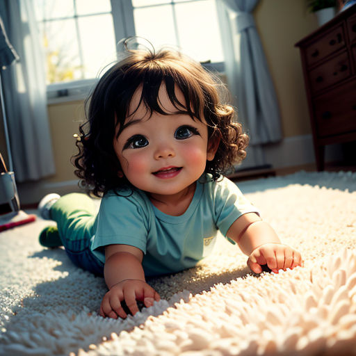 a baby girl laying on a white carpet in a room with a window and a rug on the floor
