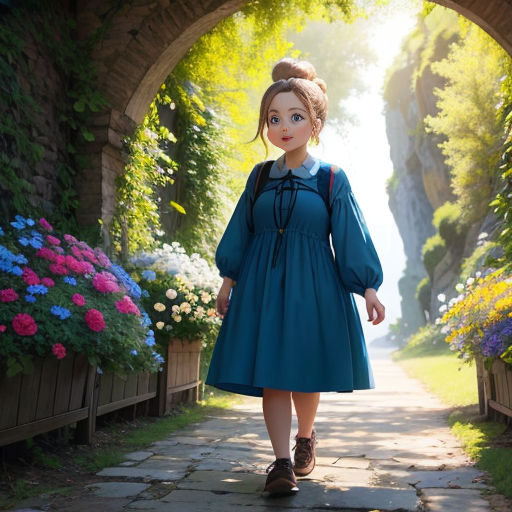 a woman in a blue dress is walking down a path with flowers on either side of her head and a tunnel in the background