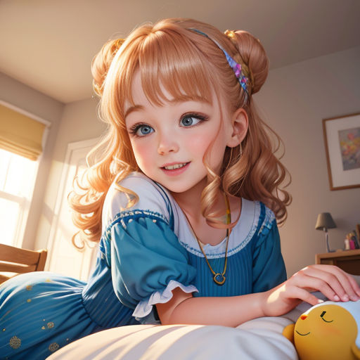 a little girl in a blue dress laying on a bed with a stuffed animal in her hand and smiling