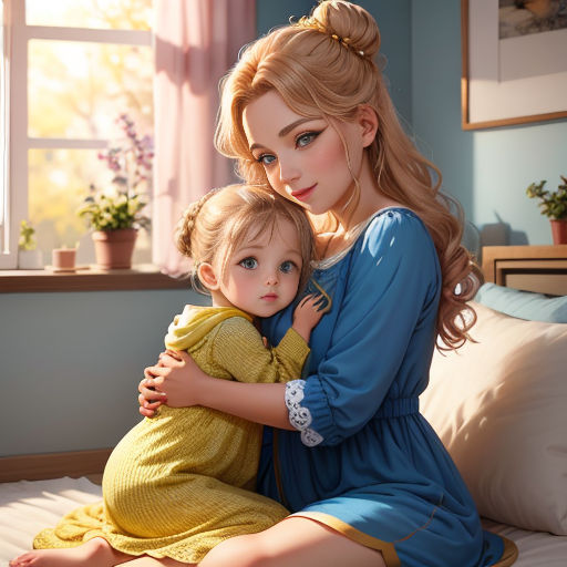 a painting of a mother and her child hugging on a bed in a bedroom with a window behind them