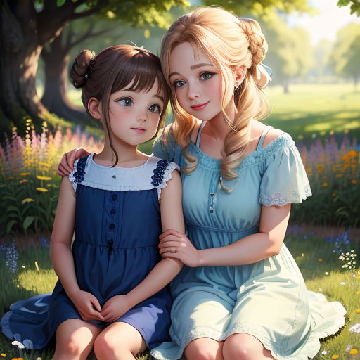 a painting of two girls sitting on the grass together, one of them is hugging the other's head