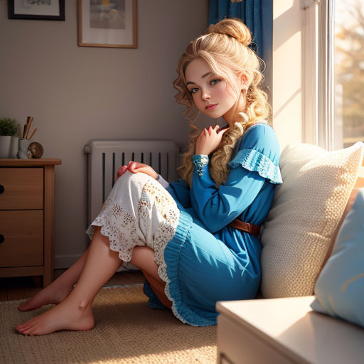 a woman sitting on a couch in a room with a window behind her and a dresser with drawers and a dresser with drawers