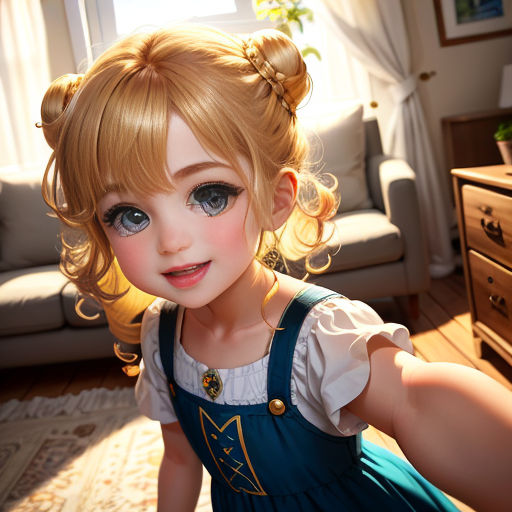 a little girl with blonde hair and blue eyes is sitting on the floor in front of a couch and a window