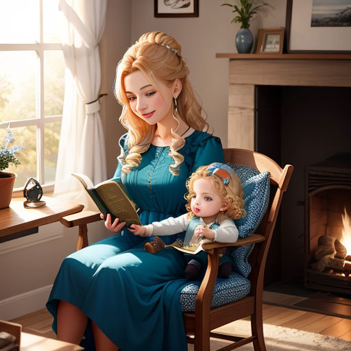 a woman sitting in a chair with a baby reading a book in front of a fireplace with a lit candle